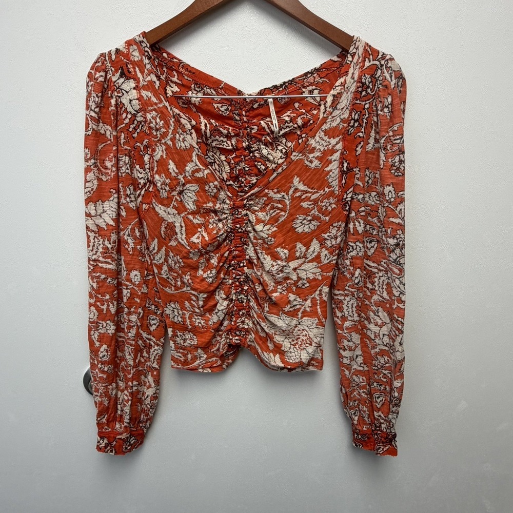 Free People Say The Word Ruched Floral Long Sleeve Cotton/Linen V-Neck‎ Top XS